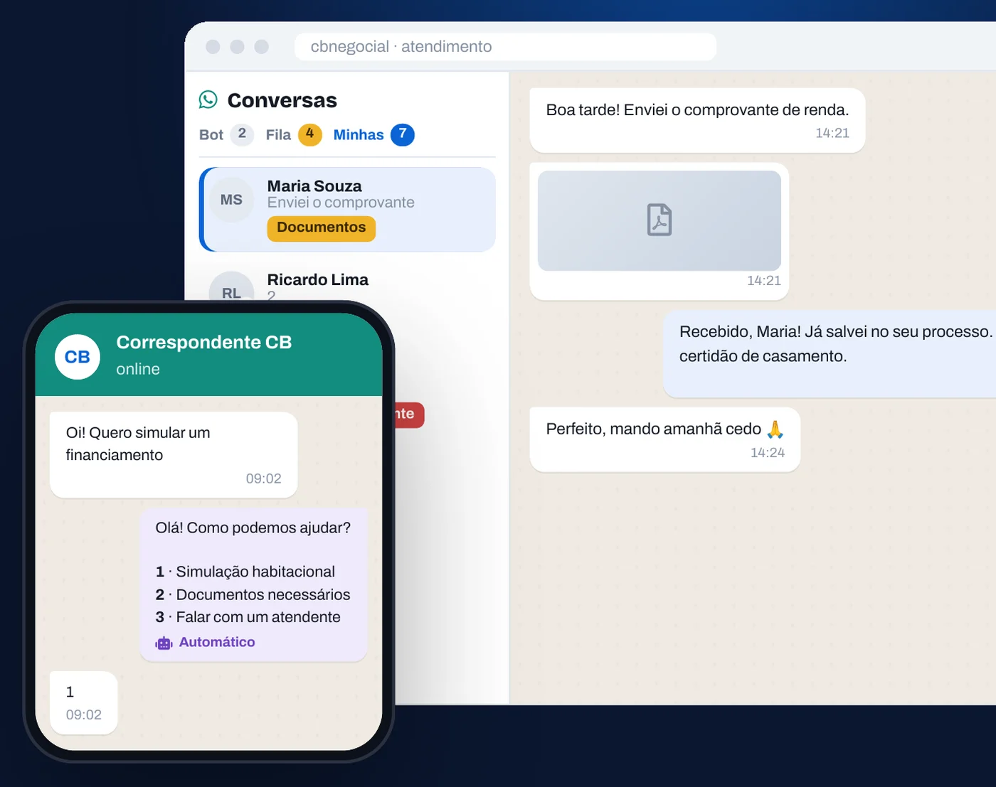 Painel de conversas do Atendimento WhatsApp no CB Negocial e celular com menu automático