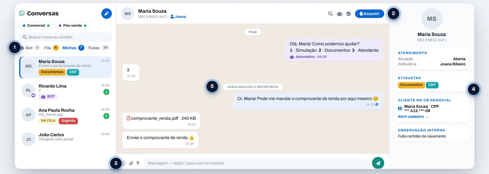 Painel de atendimento WhatsApp com lista de conversas, chat e dados do contato